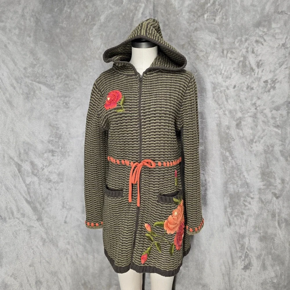 Cabi Longline Hooded Zip Sweater Women M Sage Green Hobo Embroidered Wool Blend